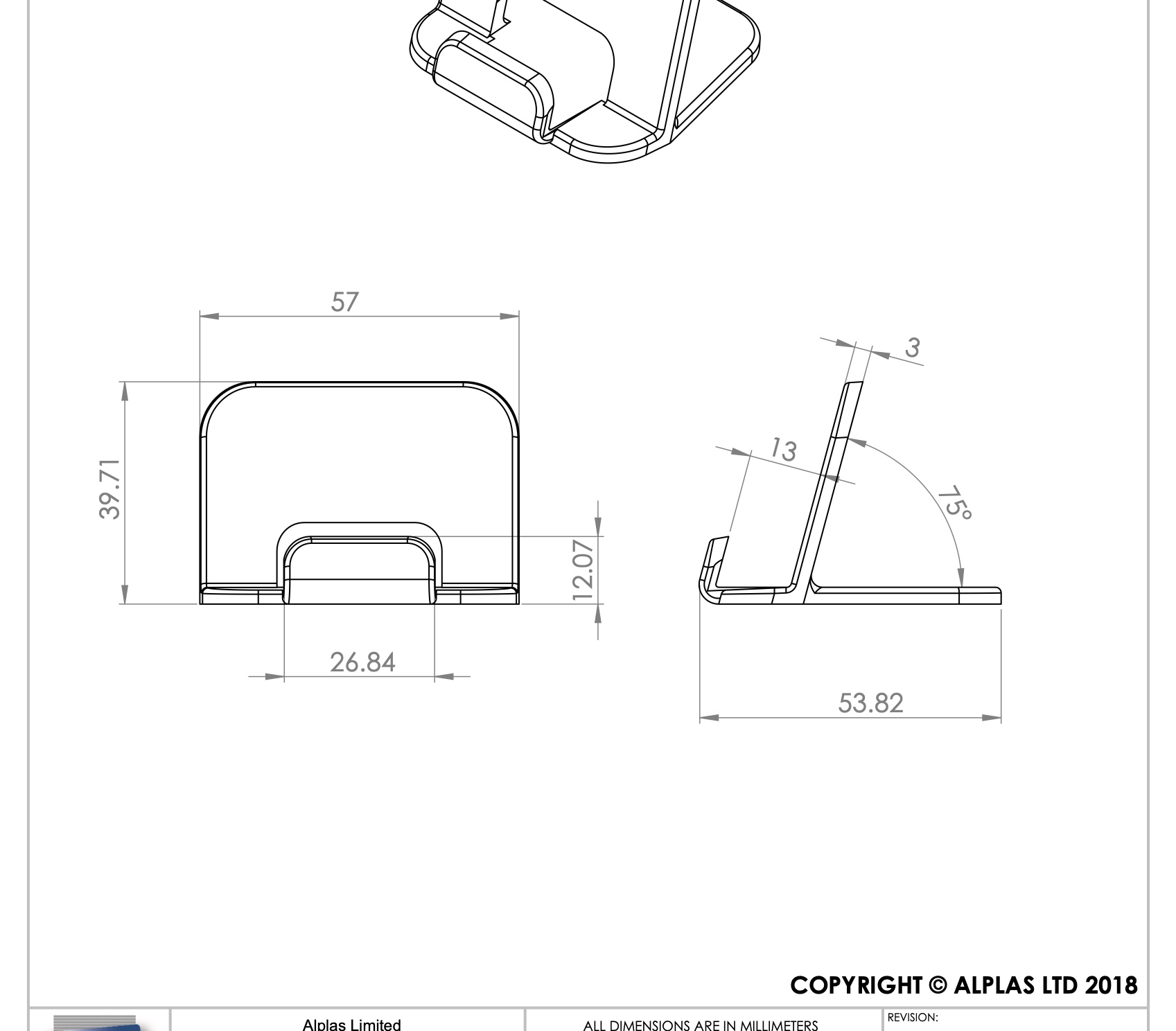 Engineering drawing of the Alplas phone holder